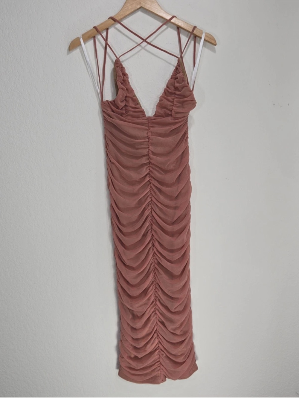 Michael Costello X Revolve Fiji Ruched Midi Dress Cocktail Mauve Pink Size S NEW